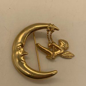 $$ SOLD $$ Vintage 1970's Danecraft Moon & Cherub Brooch